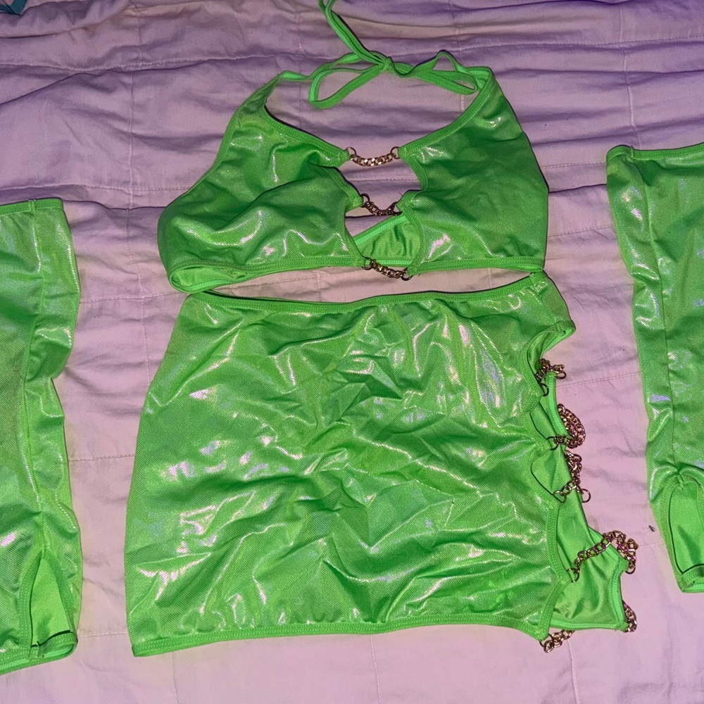 Lime Green Gold Chain Detail Top & Thumbhole Sleeves Rave Party Sexy Lingerie
